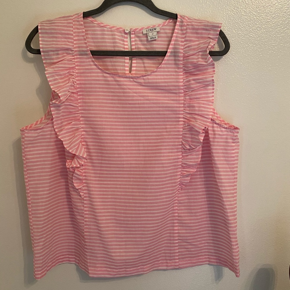 J. Crew Pink and White Striped Ruffle Top